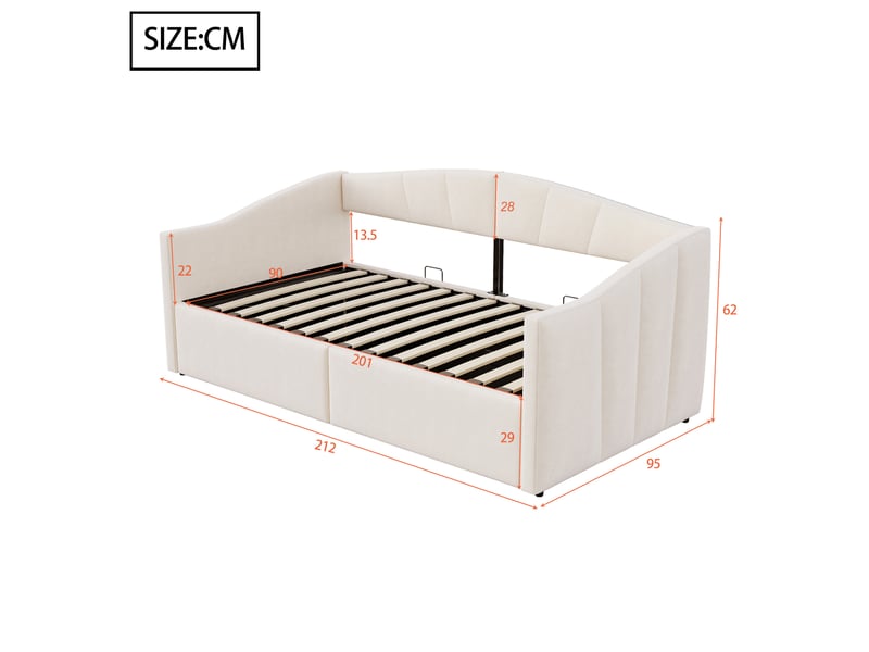  Lit banquette 90 x 200 cm beige en velours rayé avec coffre hydraulique, accoudoirs, dossier rembourré, sommier à lattes, gain de place  - Conforama E