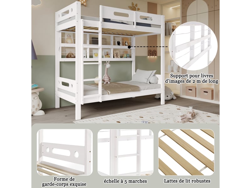  Lit superposé enfant 90 x 200 cm avec étagères ouvertes et échelle à cinq marches, garde-corps autour du couchage supérieur, bois, blanc Morn Vibe - Conforama E