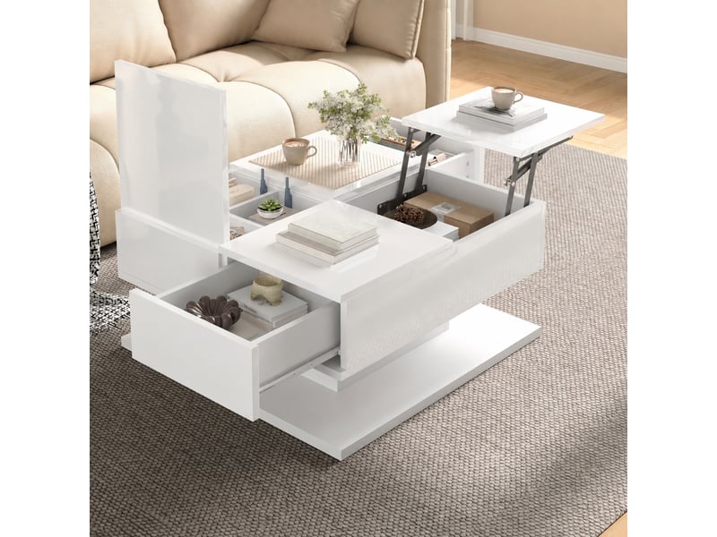  Table basse relevable blanche brillante avec grand rangement, 72 x 72 x 35 cm  - Conforama D