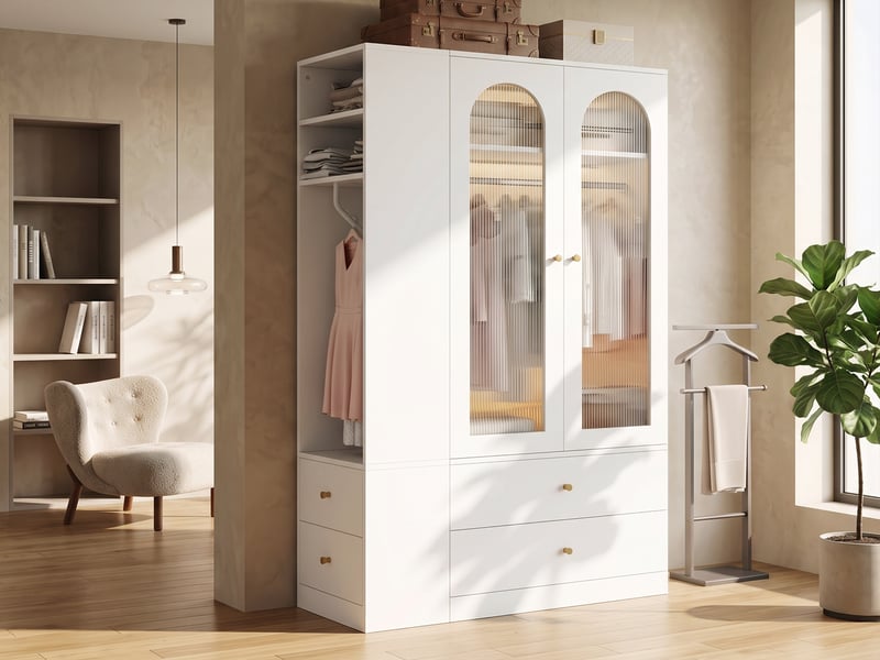  Armoire de chambre, 2 portes battantes, 4 tiroirs, 2 penderies, mdf, verre et acier, 120 × 50 × 200 cm, blanche  - Conforama B