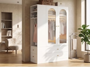 Armoire de chambre, 2 portes battantes, 4 tiroirs, 2 penderies, mdf, verre et acier, 120 × 50 × 200 cm, blanche
