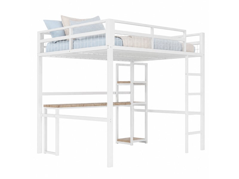  Lit mezzanine adulte 140x200 cm avec bureau, étagères, échelle, usb et usb-c, structure métal et mdf blanche  - Conforama A
