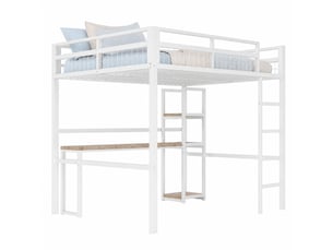 Lit mezzanine adulte 140x200 cm avec bureau, étagères, échelle, usb et usb-c, structure métal et mdf blanche