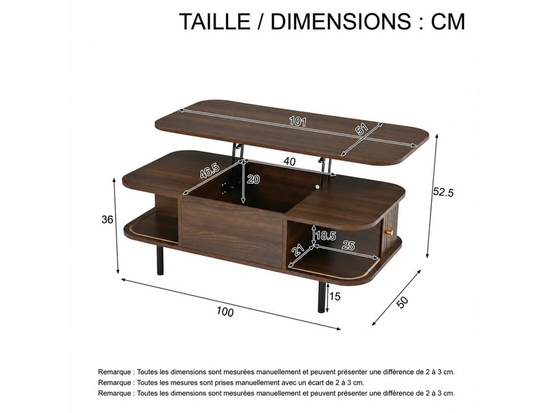  Table basse relevable avec rangement en mdf, aspect noyer, 4 compartiments, 101 x 51 x 52,5  - Conforama C