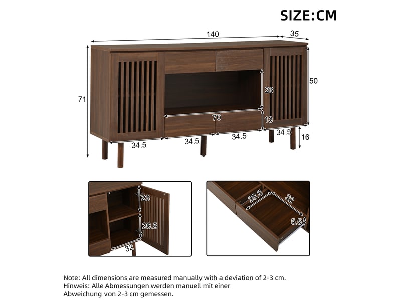  Buffet bas 140 cm en mdf bois foncé, 4 tiroirs et 2 portes à lamelles, rangement de style scandinave  - Conforama C