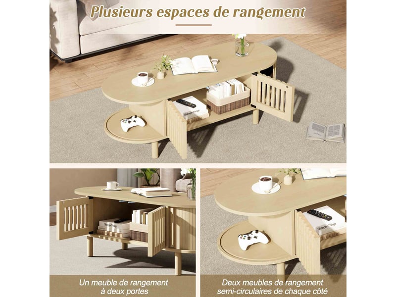  Table basse ovale 100x40x38 cm en mdf avec 2 portes cannage et porte coulissante, table de salon avec rangement, pieds en bois - bois naturel  - Conforama E
