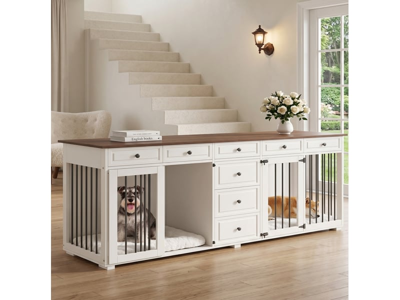  Meuble‑cage  200x60x85 cm – noyer et blanc – 8 tiroirs, 2 espaces séparés avec fermetures  - Conforama D
