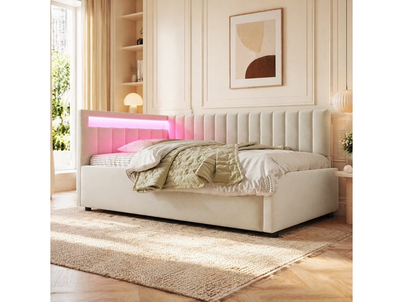  Lit coffre 90x200 cm en velours beige avec led et sommier à lattes  - Conforama B