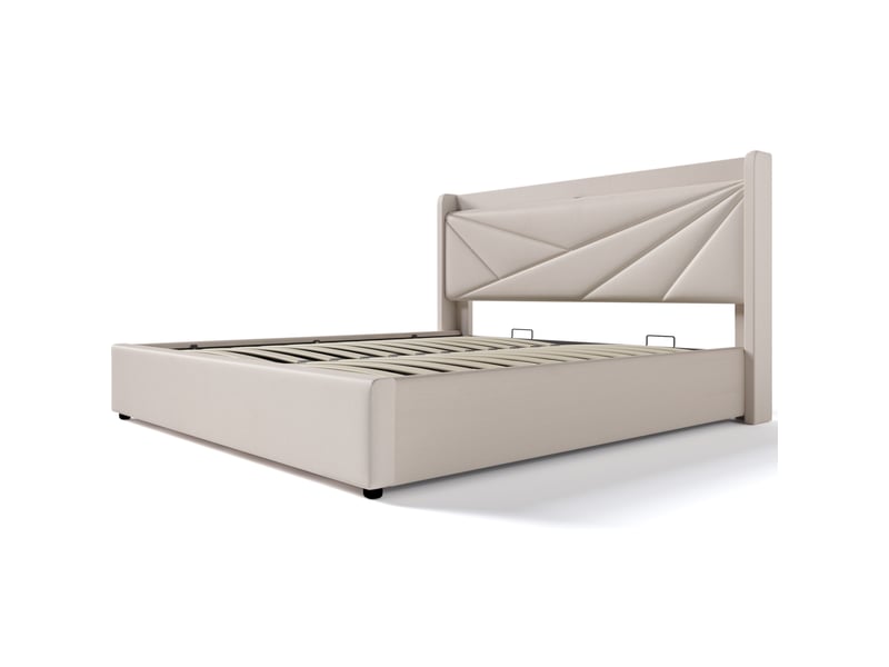 Lit double coffre 160x200 cm avec matelas, usb et usb-c, beige  - Conforama E