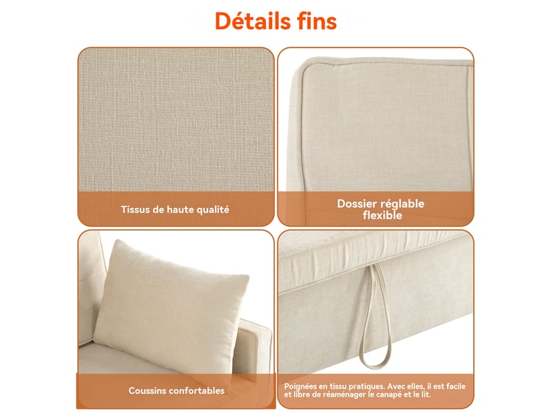 Canapé convertible clic-clac 2 places 142 x 79 x 85 cm, dossier réglable 2 positions, tissu chenille, beige  - Conforama D
