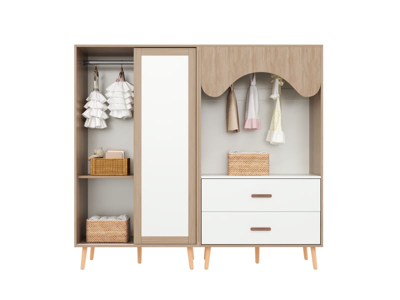  Armoire combinée pour chambre d’enfant avec porte coulissante, penderie et tiroirs, blanc et bois naturel, 160 × 46 × 141,5 cm  - Conforama A