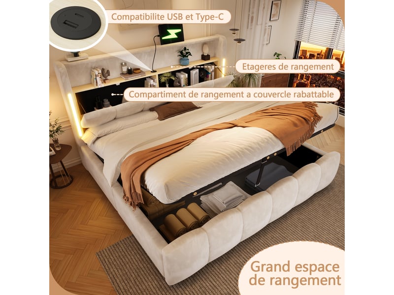  Lit coffre 180x200 cm - avec éclairage led - avec rangement - en mdf,velvet - beige CARDUME ESTIVAL - Conforama D