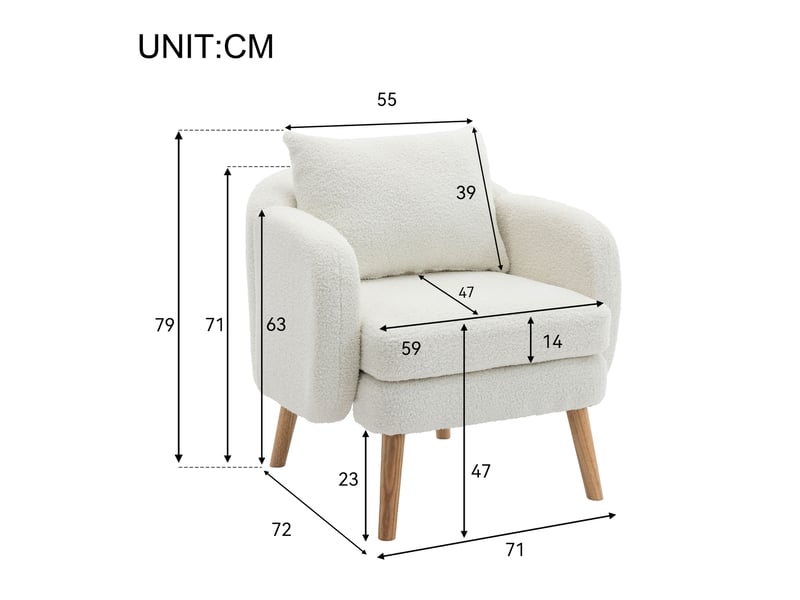  Fauteuil modenvie en tissu teddy blanc 71 x 72 x 71 cm avec coussin  - Conforama C