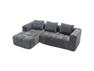 Canapé 3 places en chenille gris avec méridienne, 3 coussins et poches latérales intégrées