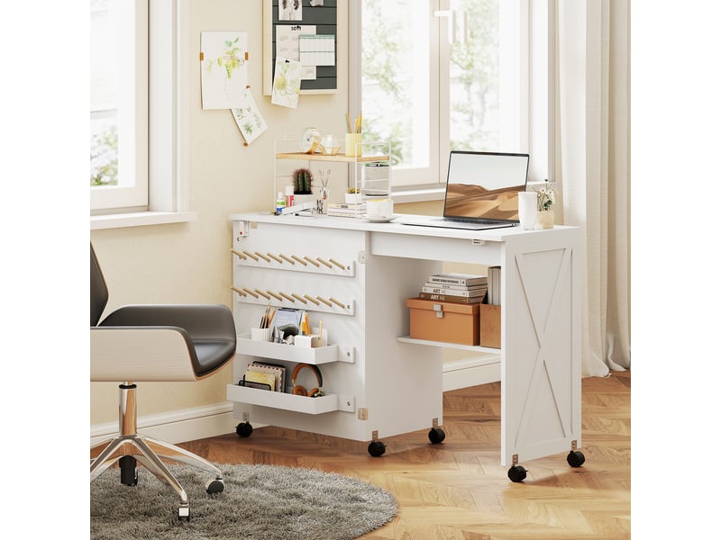  Table de couture pliable mobile 2 bacs 18 porte-bobines étagère blanc  - Conforama D