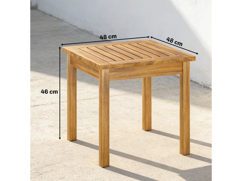  Table basse de jardin carrée en bois d'acacia massif, avec plateau à lattes, pieds réglables, naturel, 48x48x46cm  - Conforama C