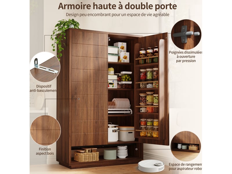  Buffet haut double porte 100x40x162,5 cm, 8 niveaux de rangement, ouverture pression, mdf métal brun foncé  - Conforama E