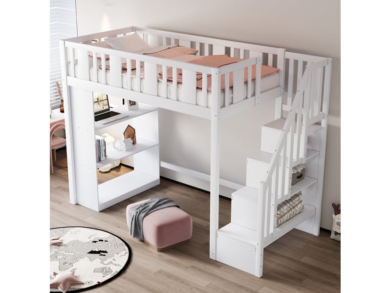  Lit mezzanine enfant 90x200 cm – blanc – escalier de rangement, 3 niches intégrées, 15 lattes - sans matelas  - Conforama B