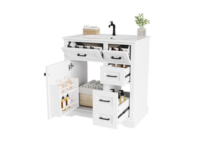 Meuble sous vasque avec 1 porte, 4 tiroirs, lavabo en céramique, fermeture douce, pour salle de bains, 76 × 47 × 82 cm - Conforama A