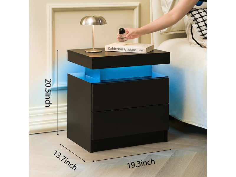  Table de chevet modenvie led moderne 2 tiroirs bois d’ingénierie noir 50 x 53 x 36 cm  - Conforama C