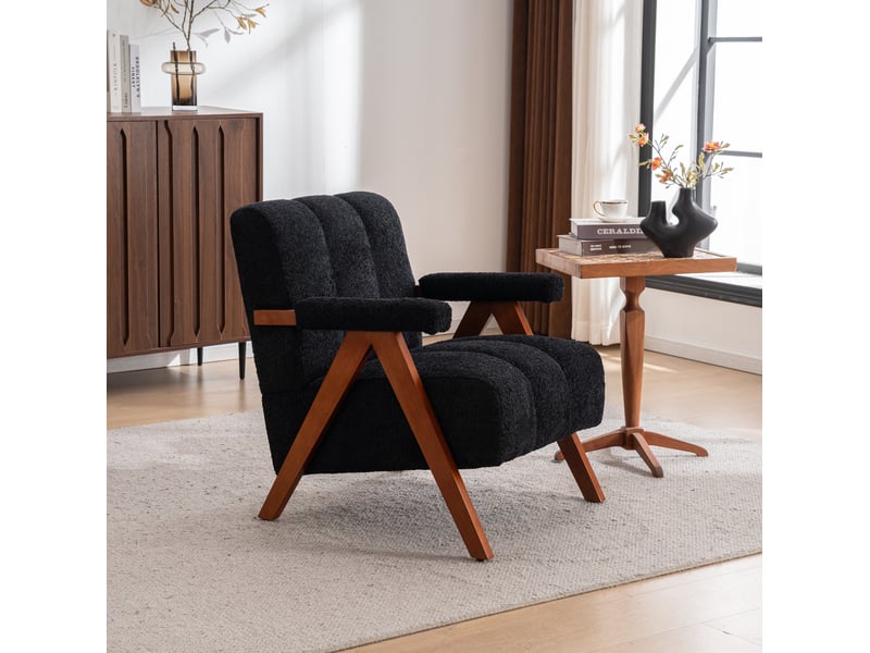 Fauteuil d'appoint rembourré avec accoudoirs et dossier segmenté, pour salon, en chêne massif noir  - Conforama C