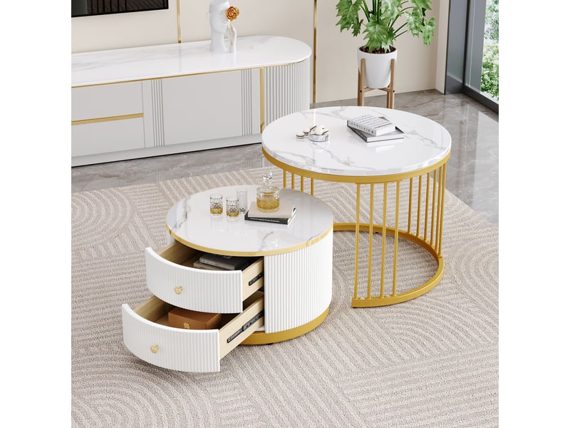  Lot de 2 tables basses rondes gigognes avec 2 tiroirs de rangement - effet marbre brillant  - Conforama E