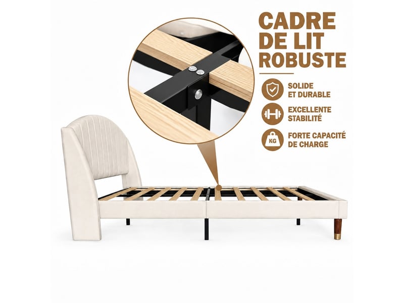  Lit double 140x190 en velours beige, lit adulte rembourré, sommier à lattes, tête de lit épaisse,lit 2 places  - Conforama W