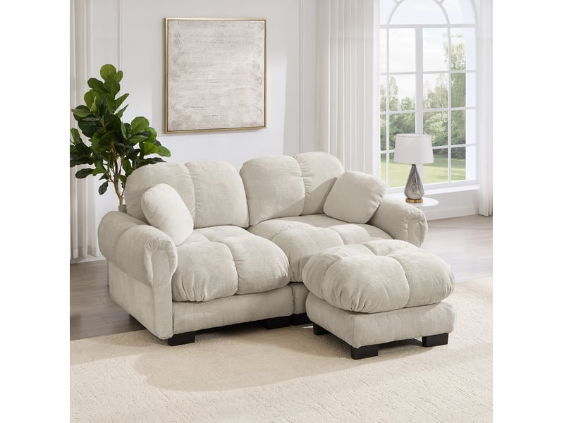  Canapé d'angle modenvie 2 places modulable en chenille kaki clair avec pouf mobile 190 x 149 x 90 cm  - Conforama B