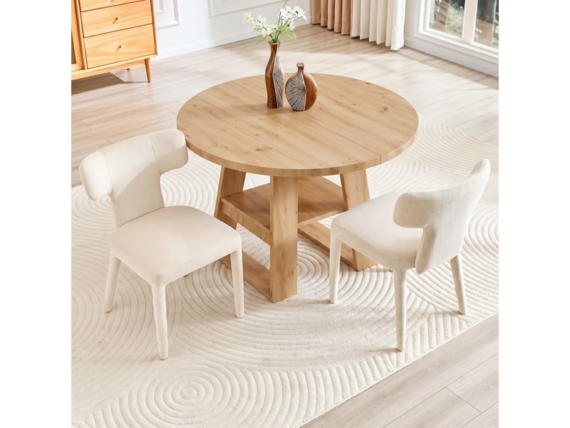 Ensemble table et 4 chaises salle à manger, table ronde extensible 110150x110 cm chêne avec rangement, chaises tissu dossier t piétement métal - Conforama R