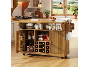 Desserte de cuisine sur roulettes marron foncé en mdf, îlot extensible avec plateau rabattable, hauteur 95cm