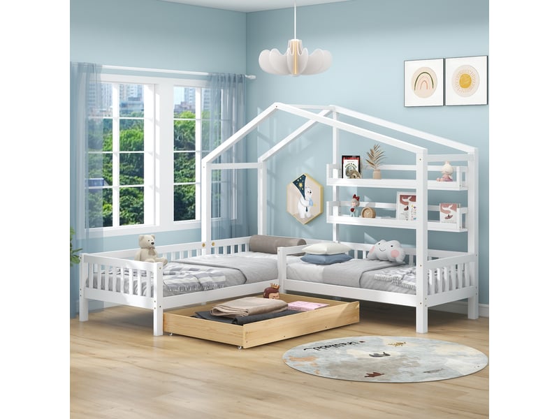  Lit cabane enfant 90x200 cm+140x70 cm avec tiroirs et étagères, bois massif avec barrière et sommier a lattes, structure en l, blanc  - Conforama A
