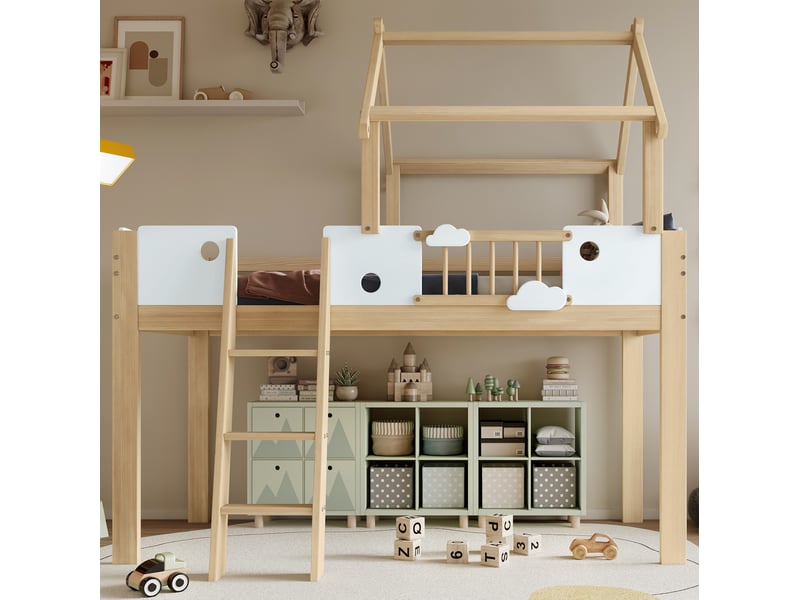 Lit mezzanine enfant 90x200 cm avec toit, échelle 3 marches, blanc et bois - Conforama E