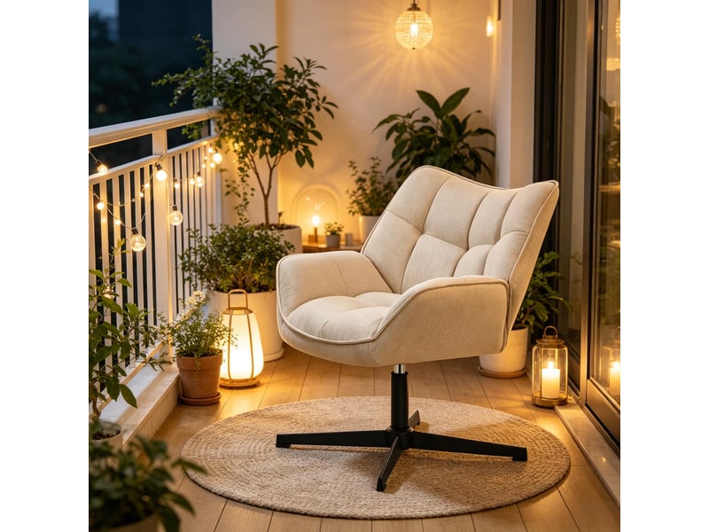  Fauteuil relax pivotant 360° 67 x 68 x 80,5 cm - chaise de salon ergonomique avec coussin épais 15 cm - piètement métal en x - tissu effet lin - beige  - Conforama B
