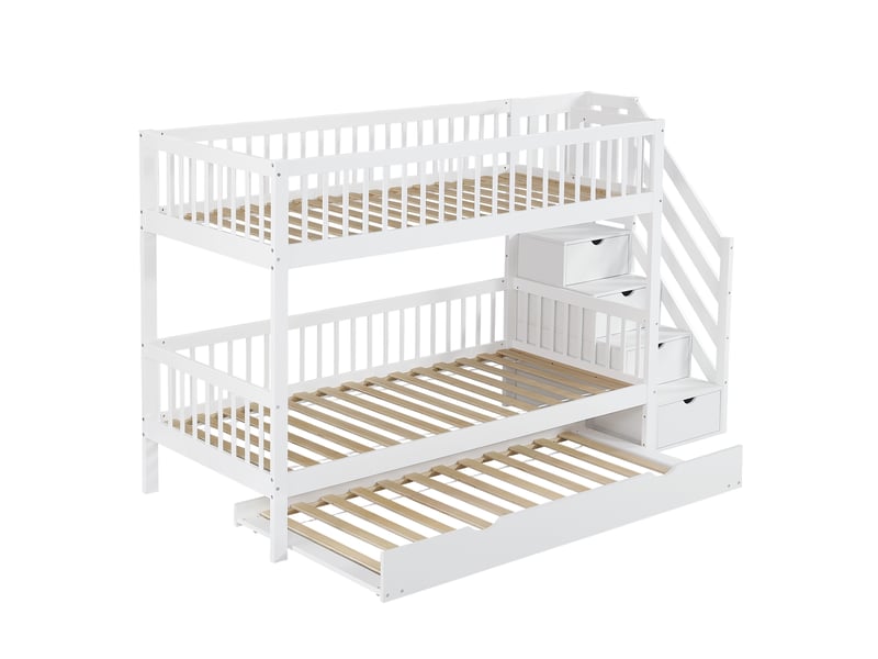  Lit superposé enfant 90x200190cm en pin et mdf blanc avec lit gigogne, escalier rangement et barrières  - Conforama A