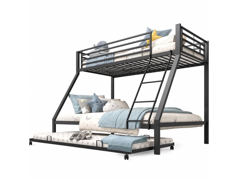  Lit superposé 90x200 cm et 140x200 cm avec lit gigogne 90x190 cm métal couleur noir sans matelas, design industriel  - Conforama A