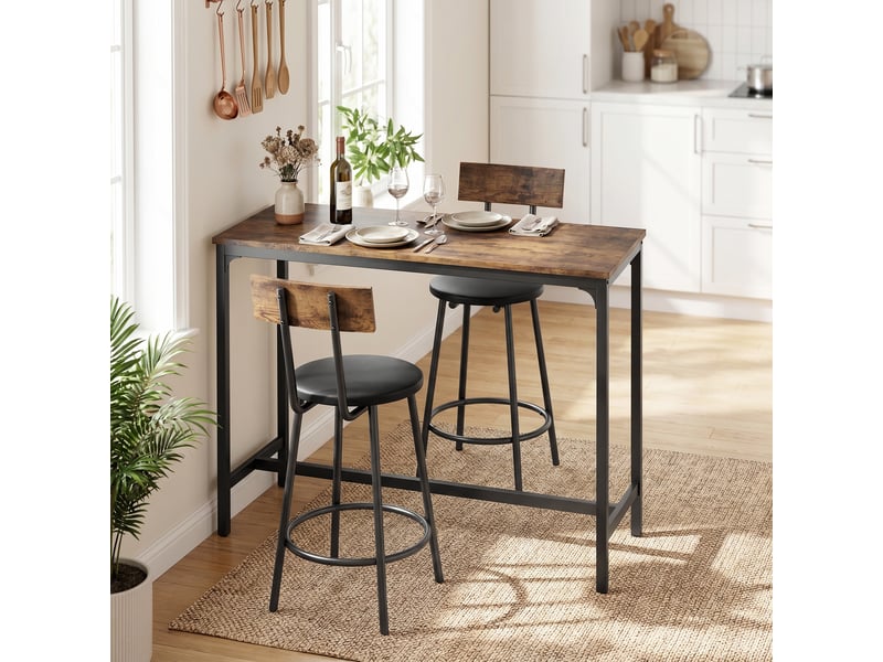  Ensemble table de bar avec 2 tabourets, repose-pieds, table haute de cuisine et 2 chaises de bar rembourrées pu, marron  - Conforama D