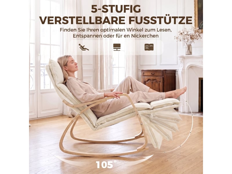  Fauteuil à bascule avec repose-pieds réglable 5 positions et assise rembourrée en polyester aspect lin crème, 67×106×92 cm  - Conforama E