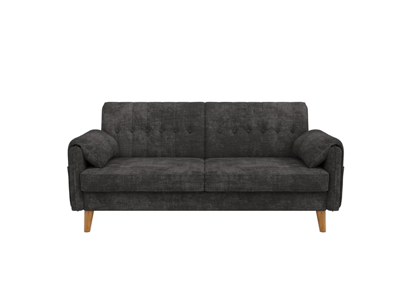  Canapé 2 places moderne en chenille gris foncé, accoudoirs et poches latérales, bois massif  - Conforama A
