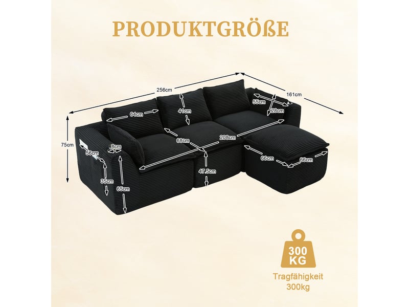  Canapé modulable compression d'angle en l,256x161x75cm,velours côtelé,canapé 3 places avec pouf,porte-gobelets,poches latérales,sans montage,noir  - Conforama C