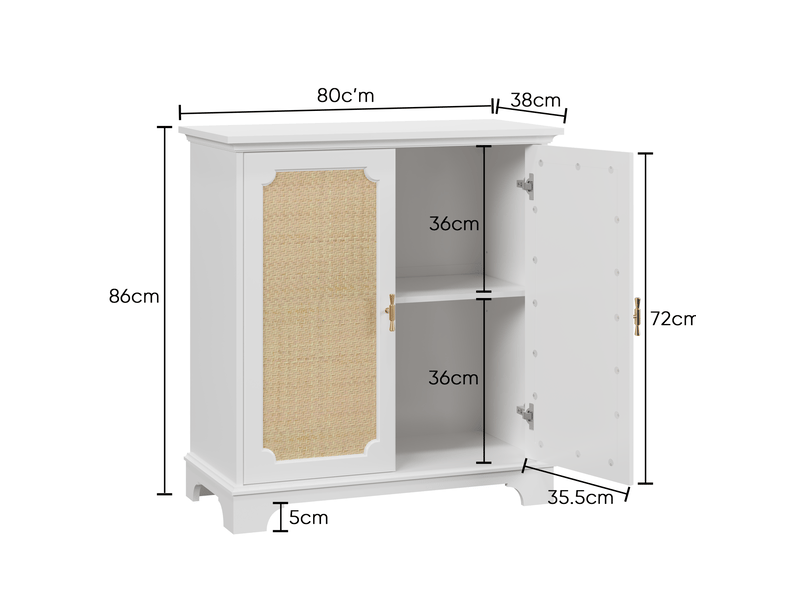  Buffet 80x38x86 cm portes en rotin décoratif mdf panneau de particules blanc  - Conforama E