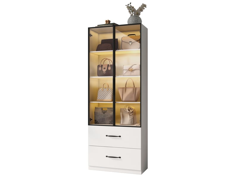  Vitrine en verre avec éclairage led, bibliothèque blanche avec portes en verre et 2 tiroirs, meuble vitrine 60x40x160 cm.  - Conforama A