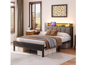Cadre de lit 140 x 190 cm noir avec tête de lit de rangement, led et station de charge