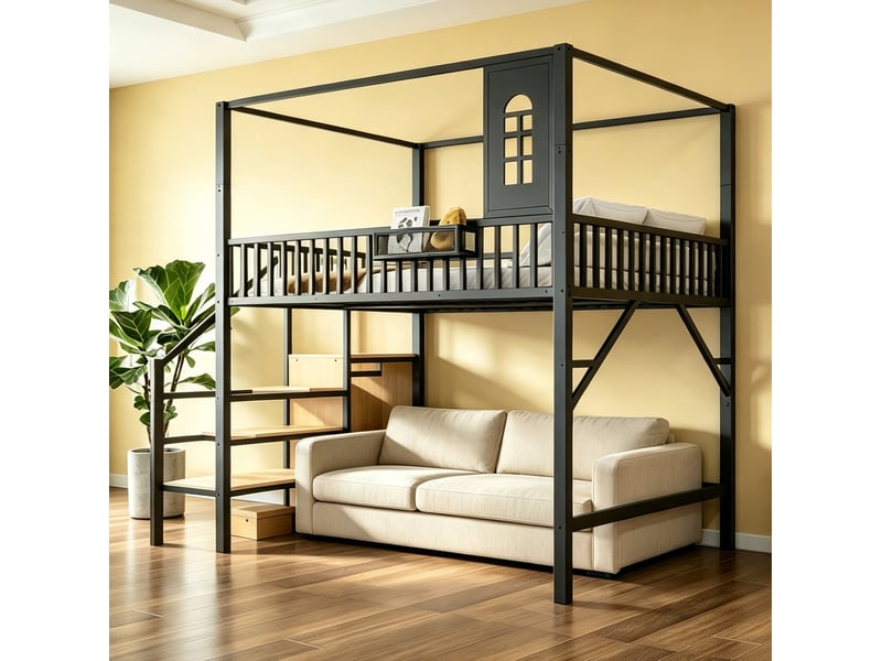  Lit mezzanine 140x200 cm en métal noir avec escalier et cadre en forme de toit  - Conforama B