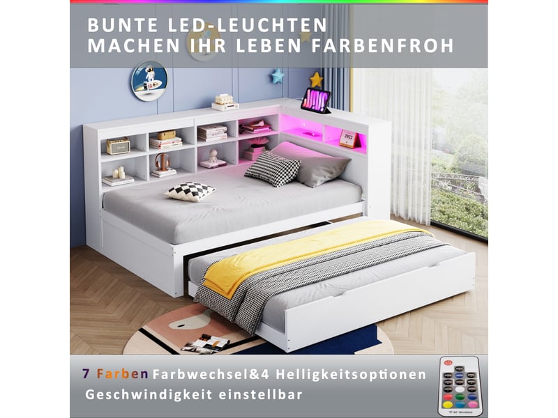  Lit banquette avec lit gigogne et rangements, bois massif blanc, 90x200 cm, led et usb intégrés  - Conforama D
