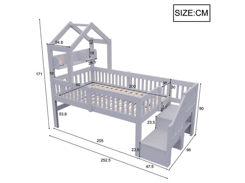  Lit surélevé enfant 90x200 cm gris en bois, toit, led, usb, rangements et échelle Fay Lum - Conforama C