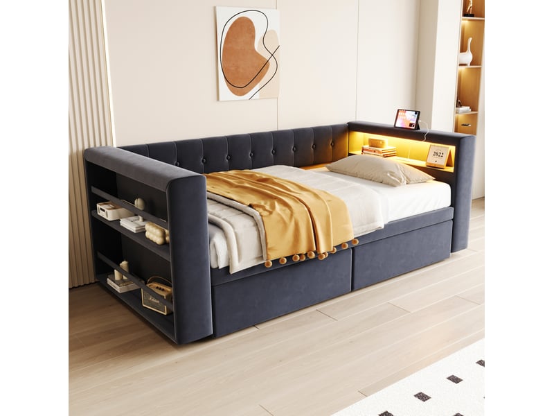  Lit simple 90x190 cm, avec lit enfant, 2 tiroirs, led, prise usb, rangements, flanelle et mdf, gris foncé, sans matelas  - Conforama B
