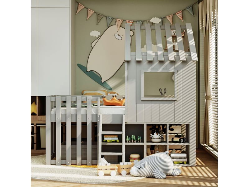  Lit mezzanine enfant cabane 90 x 200 cm avec toit, échelle et rangement gris  - Conforama D