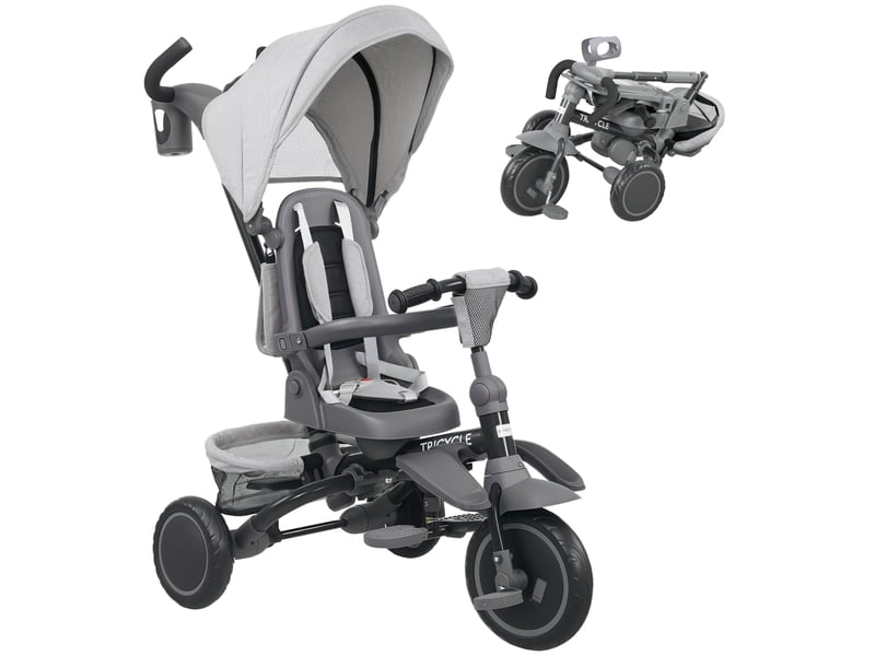  Tricycle bébé évolutif 6 en 1, tricycle enfant pliable avec poignée parentale réglable, siège pivotant 360°, gris  - Conforama A