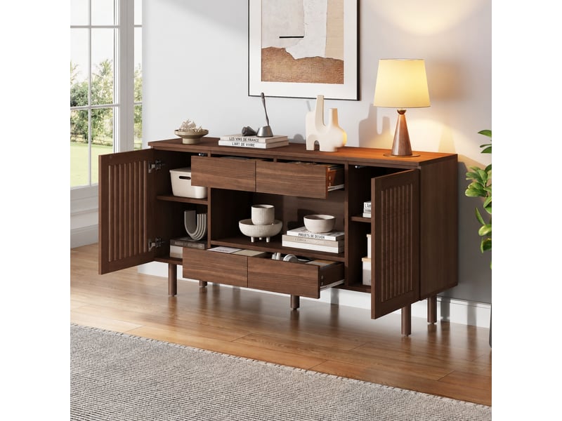  Buffet salon couleur noyer, meuble de rangement 140 cm avec 4 tiroirs et 2 portes à lattes  - Conforama B