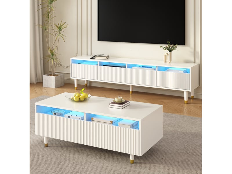 Ensemble meuble tv 4 portes et table basse 2 tiroirs led – blanc et doré – 178 cm  - Conforama B